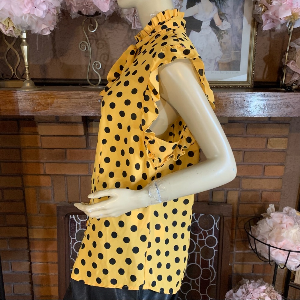 NEW YORK & COMPANY 7TH AVENUE DESIGN YELLOW & BLACK POLKA-DOT BLOUSE NWT (L) - Picture 9 of 12